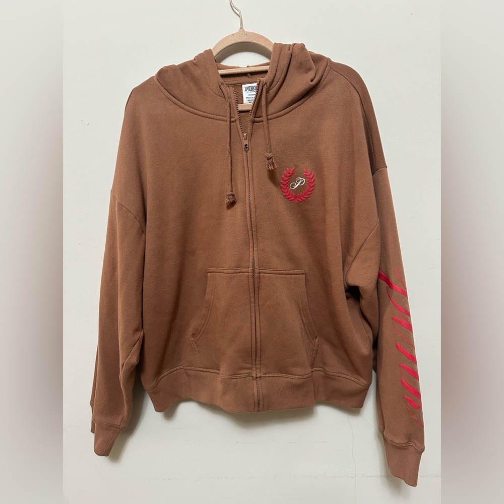 PINK Victoria’s Secret Brown Zip-Up Hoodie Sweatshirt Logo Sleeve – Size L